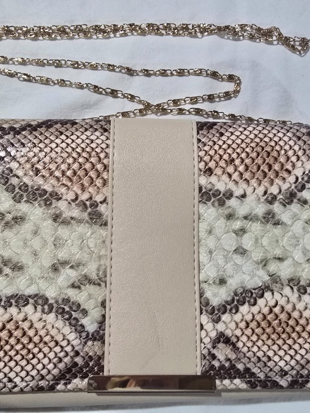 Faux Snakeskin & Beige Clutch Crossbody Evening Bag with Gold Chain Strap